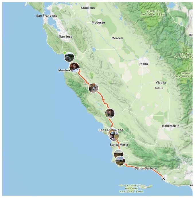Map of the route from San Francisco to Los Angeles along the coast, with photo pins at each stop
